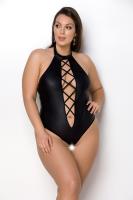 Боди из экокожи Passion Nancy Body 4XL/5XL black, с имитацией шнуровки и открытым доступом
