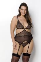 Корсет с пажами Passion Amberly Corset 4XL/5XL black, ассиметричный крой, кружева, стринги