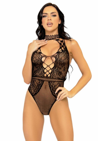 Leg Avenue Net and lace halter bodysuit OS Black || 