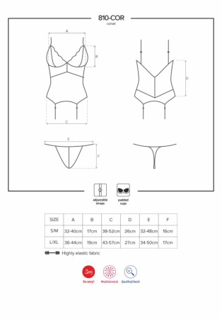Сатиновый кружевной корсет Obsessive 810-COR-1 babydoll & thong L/XL, черный, корсет, танга || 