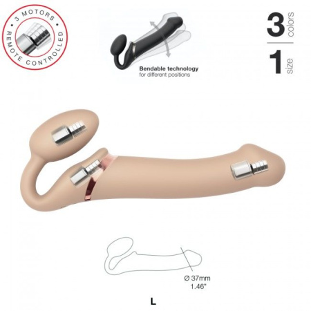 Безремневой страпон с вибрацией Strap-On-Me Vibrating Flesh L, диаметр 3,7см, пульт ДУ, регулируемый || 