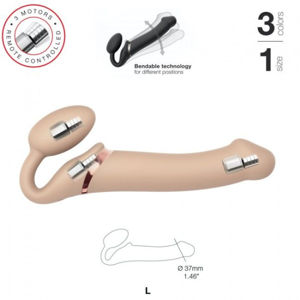 Безремневой страпон с вибрацией Strap-On-Me Vibrating Flesh L, диаметр 3,7см, пульт ДУ, регулируемый