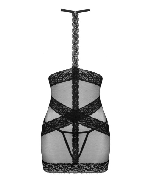Полупрозрачная сорочка с открытой грудью Obsessive Lacrisia chemise XL/2XL, черная, с чокером