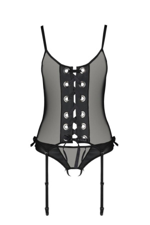 Корсет со шнуровкой Passion NESSY CORSET XXL/XXXL black, стринги с открытым доступом, пажи для чулок || 