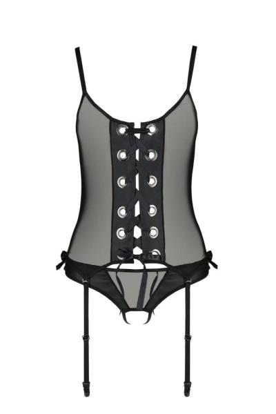 Корсет со шнуровкой Passion NESSY CORSET XXL/XXXL black, стринги с открытым доступом, пажи для чулок