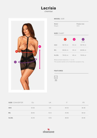 Полупрозрачная сорочка с открытой грудью Obsessive Lacrisia chemise M/L, черная, с чокером || 
