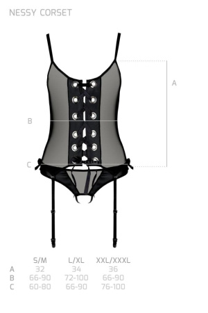 Корсет со шнуровкой Passion NESSY CORSET S/M black, стринги с открытым доступом, пажи для чулок || 