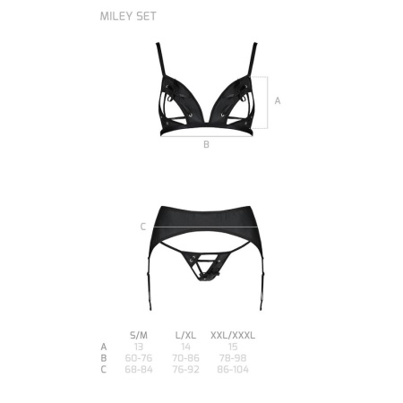 Комплект из эко-кожи Passion Miley Set black L/XL: трусики, бюстгальтер, пояс для чулок || 