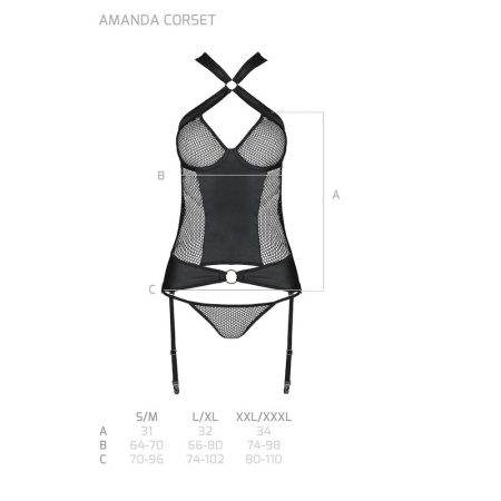 Сетчатый комплект корсет с халтером, съемные подвязки и трусики Amanda Corset black XXL/XXXL - Passi || 