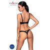 Комплект из экокожи Celine Bikini black L/XL — Passion: открытый бра с лентами, стринги со шнуровкой || 