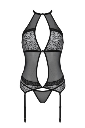 Корсет с пажами Passion SATARA CORSET S/M black, стринги, кружево, застежки спереди и сзади || 