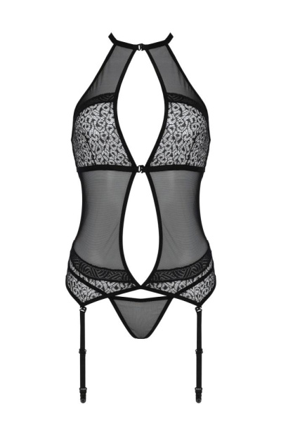 Корсет с пажами Passion SATARA CORSET S/M black, стринги, кружево, застежки спереди и сзади