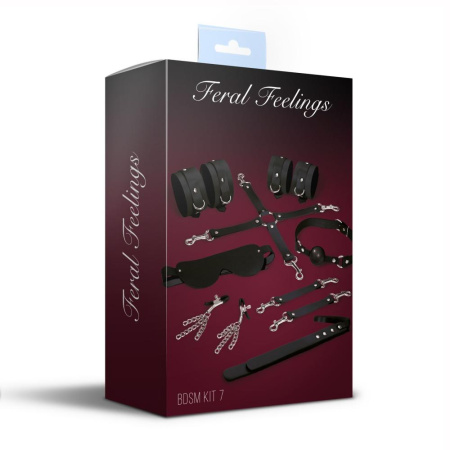 Набор Feral Feelings BDSM Kit 7 Black, наручники, поножи, коннектор, маска, паддл, кляп, зажимы || 