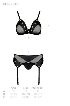 Комплект белья Passion NESSY SET XXL/XXXL black, бюстгальтер, пояс для чулок, стринги || 