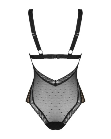 Кружевное боди с декольте Obsessive Estiqua teddy M/L, черное, широкие лямки || 