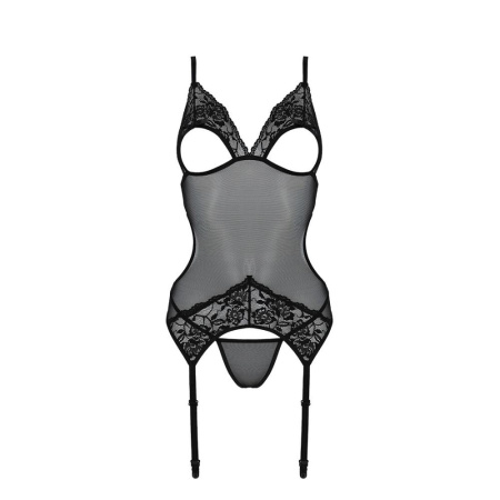 Корсет с подвязками и ажурным лифом Christa Corset black S/M — Passion, стринги в комплекте || 