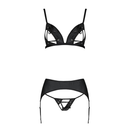 Комплект из эко-кожи Passion Miley Set black L/XL: трусики, бюстгальтер, пояс для чулок || 