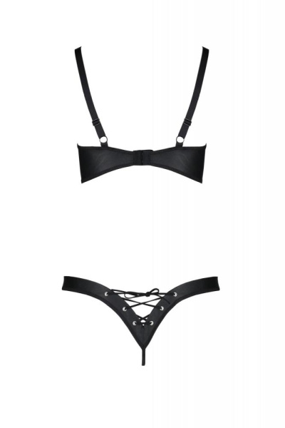 Комплект из экокожи Passion Celine Bikini 6XL/7XL black, открытый бра, стринги со шнуровкой