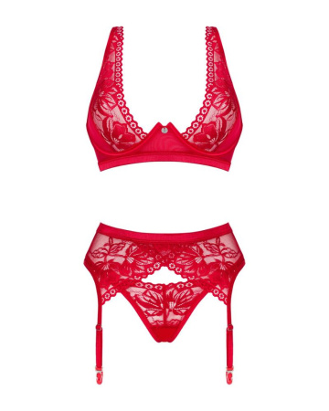Комплект белья Obsessive Lacelove cupless 3-pcs set XS/S Red, бюстгальтер, стринги, пояс для чулок || 