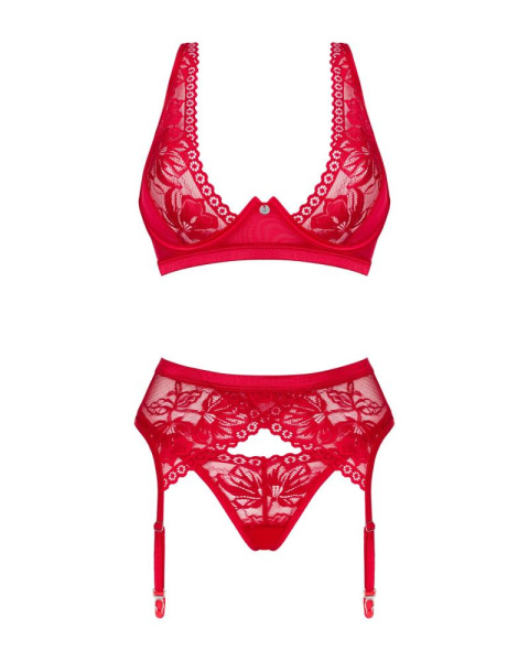 Комплект белья Obsessive Lacelove cupless 3-pcs set XS/S Red, бюстгальтер, стринги, пояс для чулок