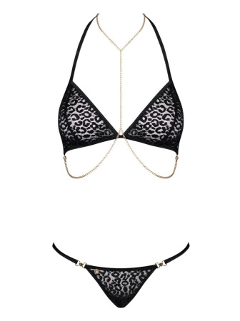 Комплект с цепочками Obsessive Pantheria 2-pcs set black L/XL, бюстгальтер, трусики || 