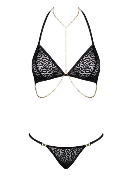 Комплект с цепочками Obsessive Pantheria 2-pcs set black L/XL, бюстгальтер, трусики