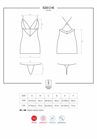 Сатиновый комплект для сна с кружевом Obsessive 828-CHE-1 chemise & thong L/XL, черный, сорочка || 