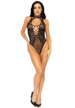 Leg Avenue Net and lace halter bodysuit OS Black || 