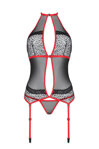 Корсет с пажами Passion SATARA CORSET S/M red, стринги, кружево, застежки спереди и сзади