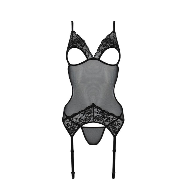 Корсет с подвязками и ажурным лифом Christa Corset black XXL/XXXL — Passion, стринги в комплекте