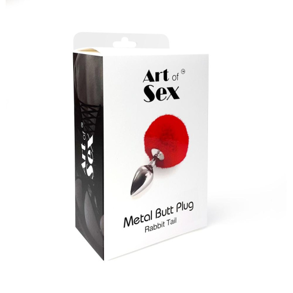 Металлическая анальная пробка М Art of Sex - Metal Butt plug Rabbit Tail, Красный