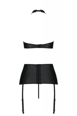 Комплект из экокожи Passion Nancy Set 4XL/5XL black, имитация шнуровки, топ, пояс для чулок || 