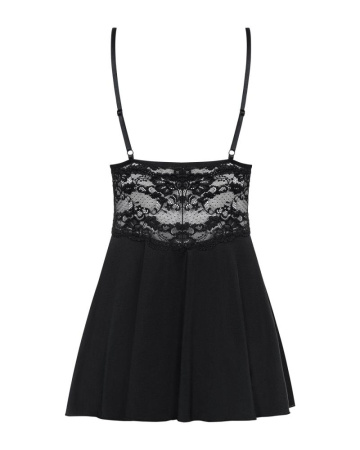 Сатиновый пеньюар с кружевом Obsessive 810-BAB-1 babydoll & thong L/XL, черный, пеньюар, танга || 