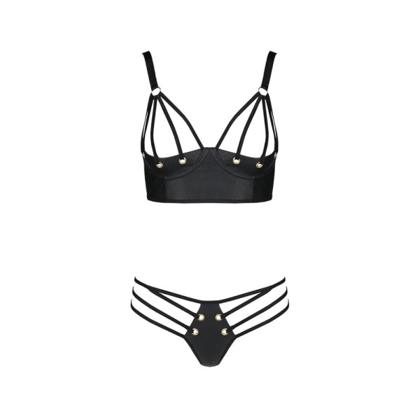 Комплект из эко-кожи с люверсами и ремешками Malwia Bikini black L/XL — Passion, бра и трусики