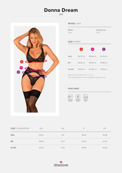 Комплект белья Obsessive Donna Dream 3-pcs set XS/S Black, бюстгальтер, стринги, пояс для чулок