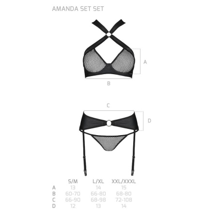 Сетчатый набор: бюстгальтер с халтером, трусики и пояс для чулок Amanda Set black S/M - Passion || 