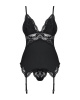 Сатиновый кружевной корсет Obsessive 810-COR-1 babydoll & thong L/XL, черный, корсет, танга || 