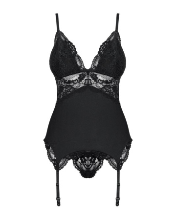 Сатиновый кружевной корсет Obsessive 810-COR-1 babydoll & thong L/XL, черный, корсет, танга || 