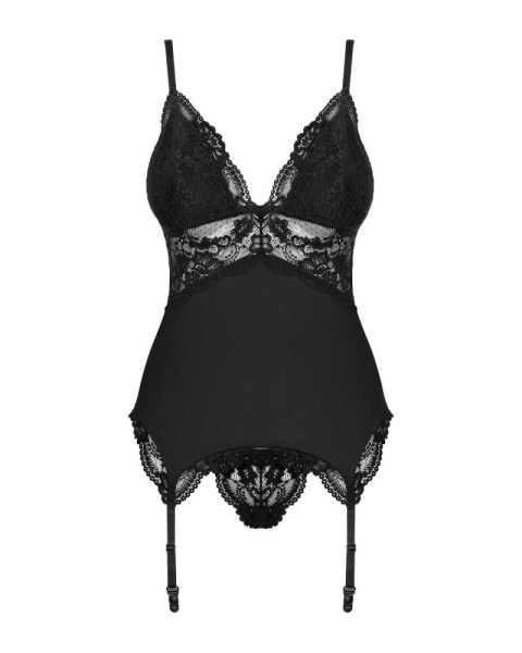 Сатиновый кружевной корсет Obsessive 810-COR-1 babydoll & thong L/XL, черный, корсет, танга