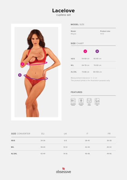 Комплект белья Obsessive Lacelove cupless 2-pcs set XS/S Red, открытый доступ, открытая грудь