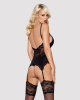Сатиновый кружевной корсет Obsessive 810-COR-1 babydoll & thong S/M, черный, корсет, танга || 