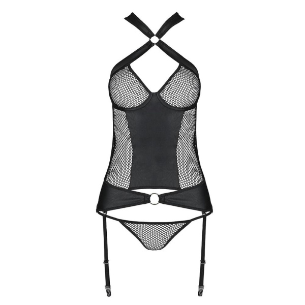 Сетчатый комплект корсет с халтером, съемные подвязки и трусики Amanda Corset black S/M - Passion
