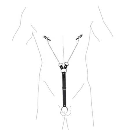 Зажимы для сосков с фиксацией на мошонке Nipple Clamps for Men, Эко кожа || 