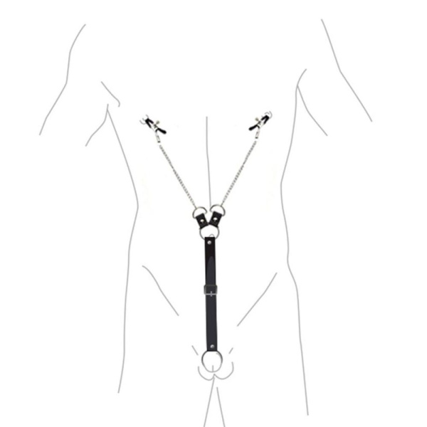 Зажимы для сосков с фиксацией на мошонке Nipple Clamps for Men, Эко кожа