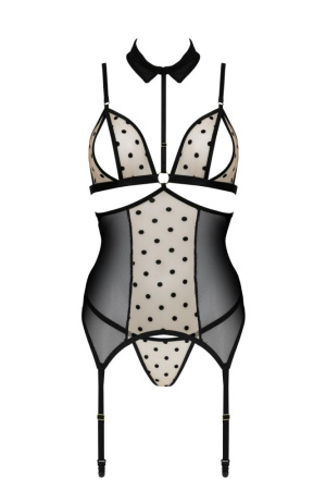 Корсет с открытой грудью Passion DOMINICA CORSET S/M beige, пажи для чулок, стринги || 
