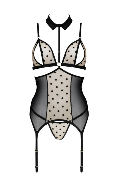Корсет с открытой грудью Passion DOMINICA CORSET S/M beige, пажи для чулок, стринги