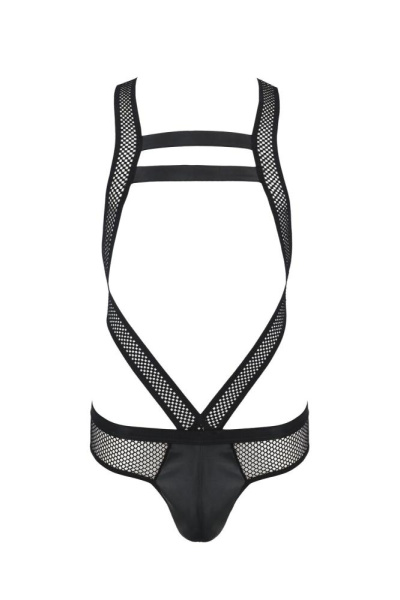 Мужское эротическое сетчатое боди Passion 045 Victor S/M Black, экокожа, сетка