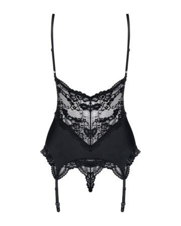 Сатиновый кружевной корсет Obsessive 810-COR-1 babydoll & thong S/M, черный, корсет, танга || 