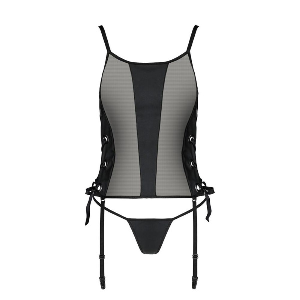 Сетчатый корсет из эко-кожи, с люверсами и съемными пажами Malwia Corset black XXL/XXXL — Passion, с