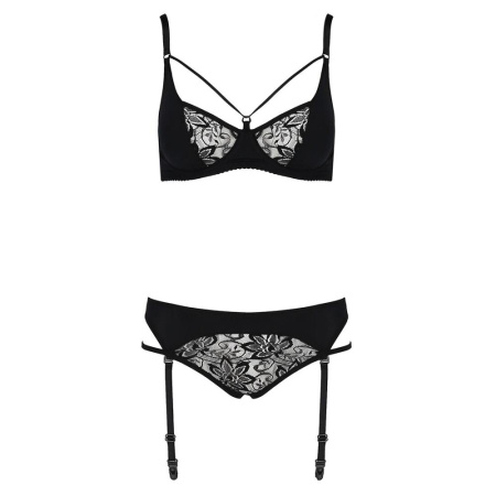 Комплект белья PAULINE SET black L/XL Passion: стрэпы: лиф, стринги и пояс для чулок || 